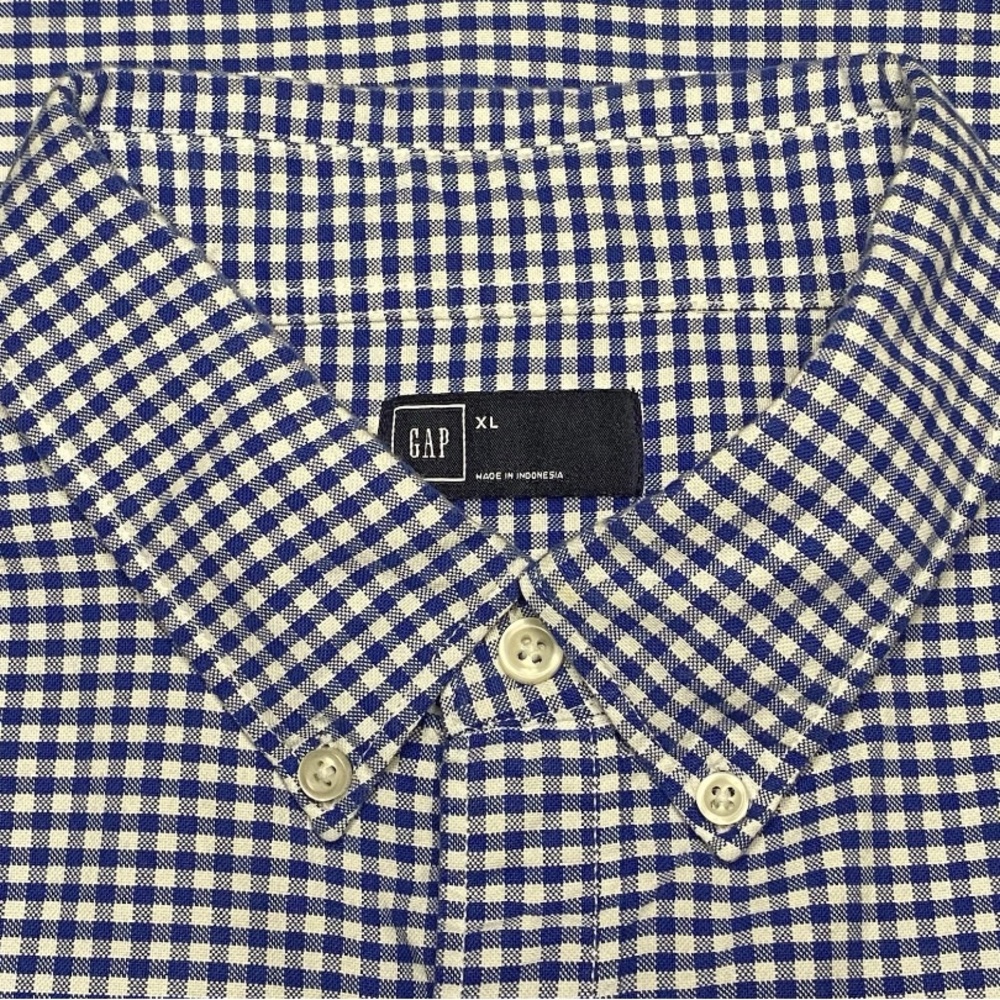 Gap Check Gingham Shirt Men XL Blue White Short Sleeve Button Front Preppy